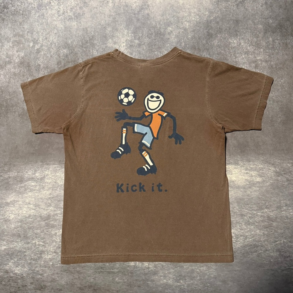 VTG Life is Good Soccer Jake Kick It Tee Youth XL Adult Medium Brown Graphic